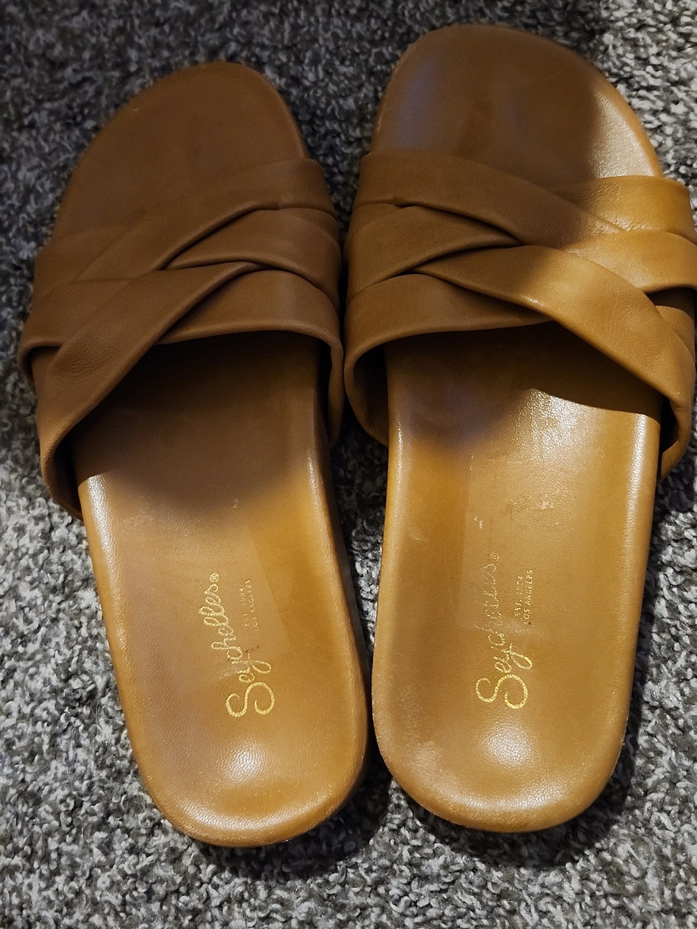 Seychelles Tan Leather Slide Mules with Twisted Crossover Strap